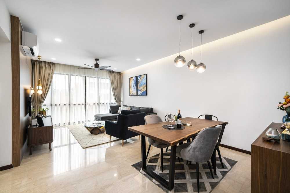 Scandinavian Living Room with Marble Floor and TV Console