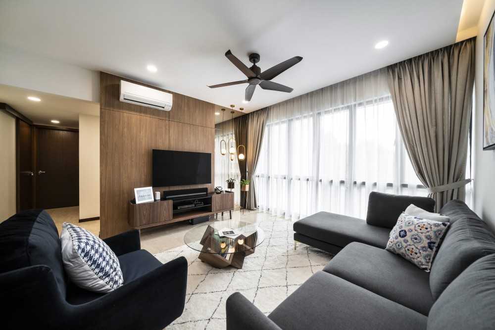 Scandinavian Living Room with Marble Floor and TV Console