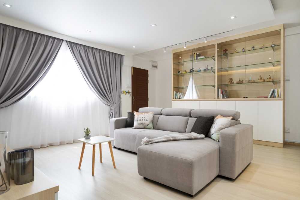 Minimalist Living Room with Bookshelf and Vinyl Flooring