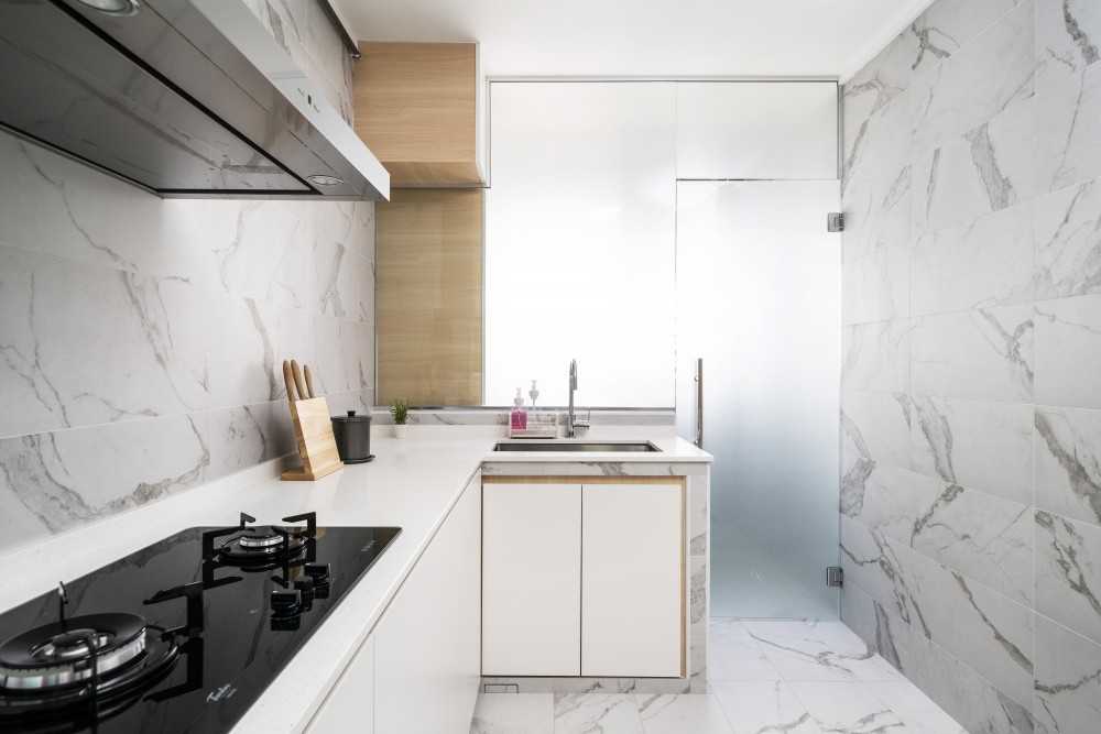 Minimalist Kitchen with Marble Floor and Glass Door