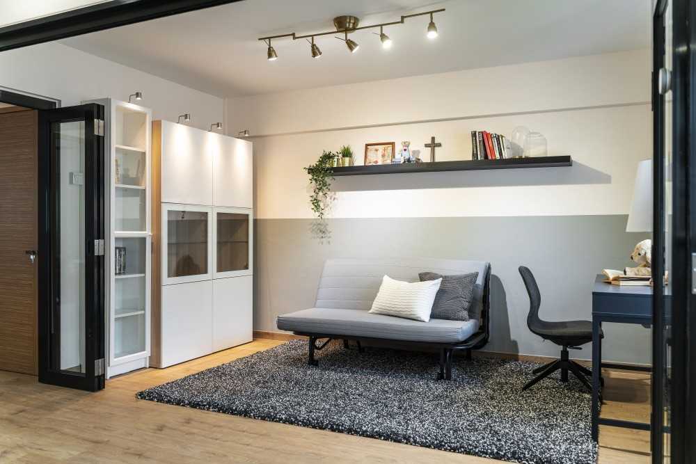 Modern Bedroom with Bookshelf and Vinyl Flooring
