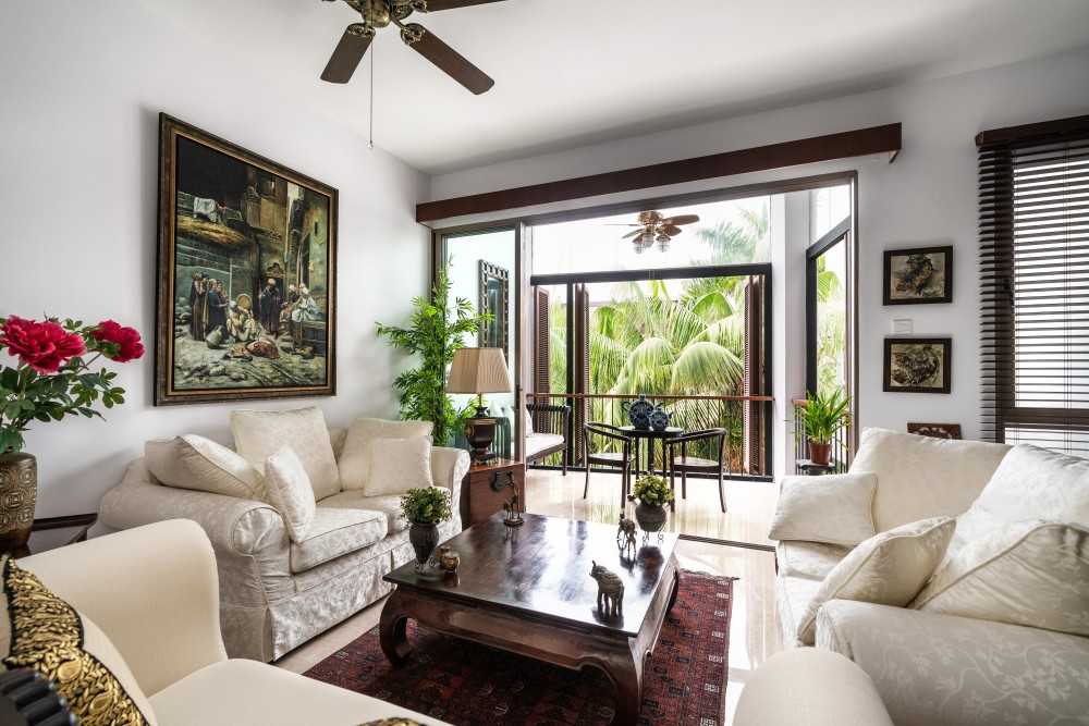 Asian Balcony with Window Seat and Outdoor Table
