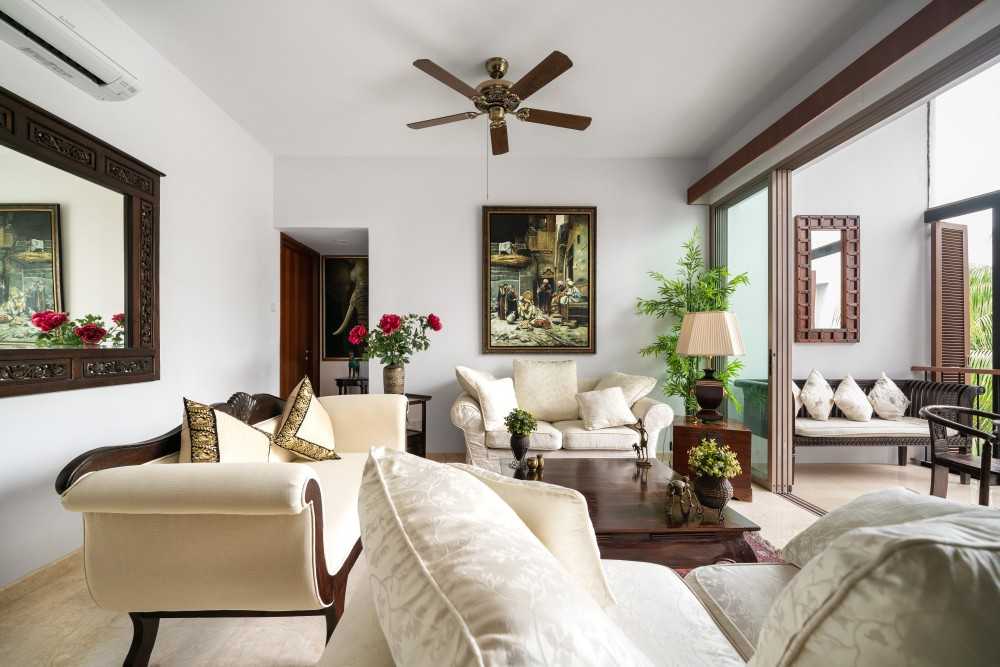 Asian Living Room with Marble Floor and Feature Wall