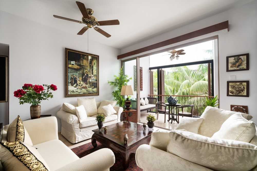 Asian Living Room with Feature Wall and Ceiling Fan