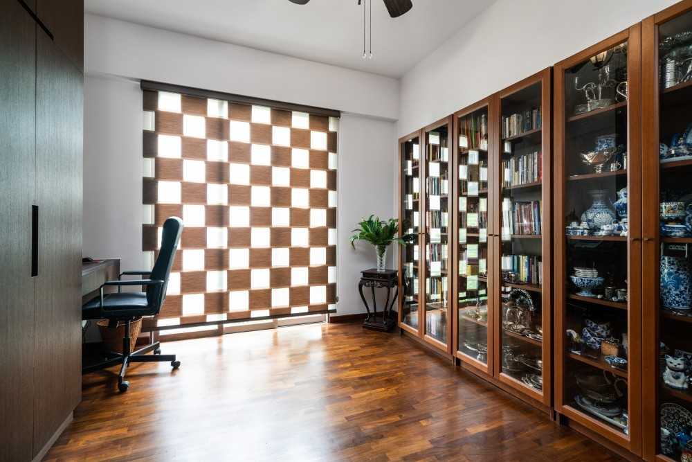 Asian Study with Bookshelf and Parquet Floor