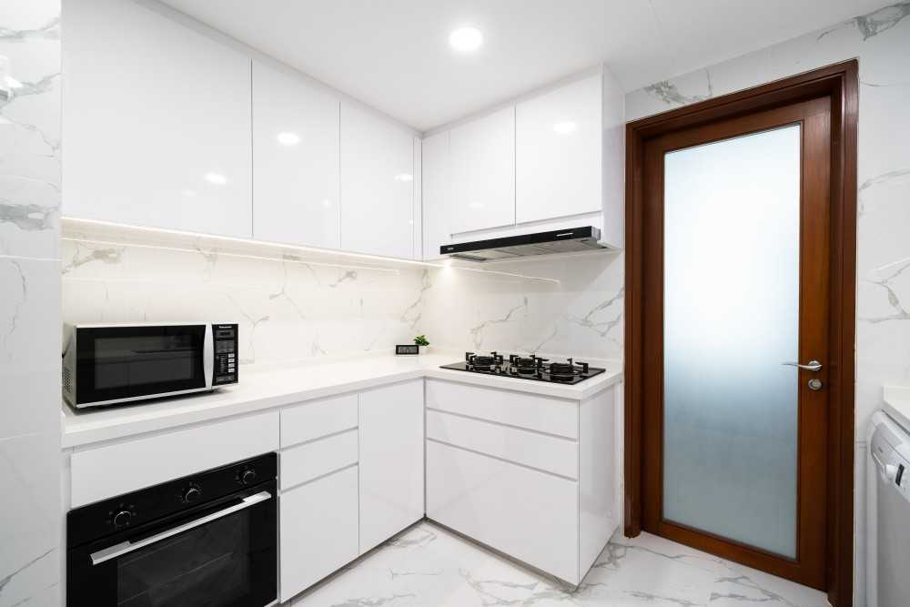 Asian Kitchen with Countertop and Marble Floor