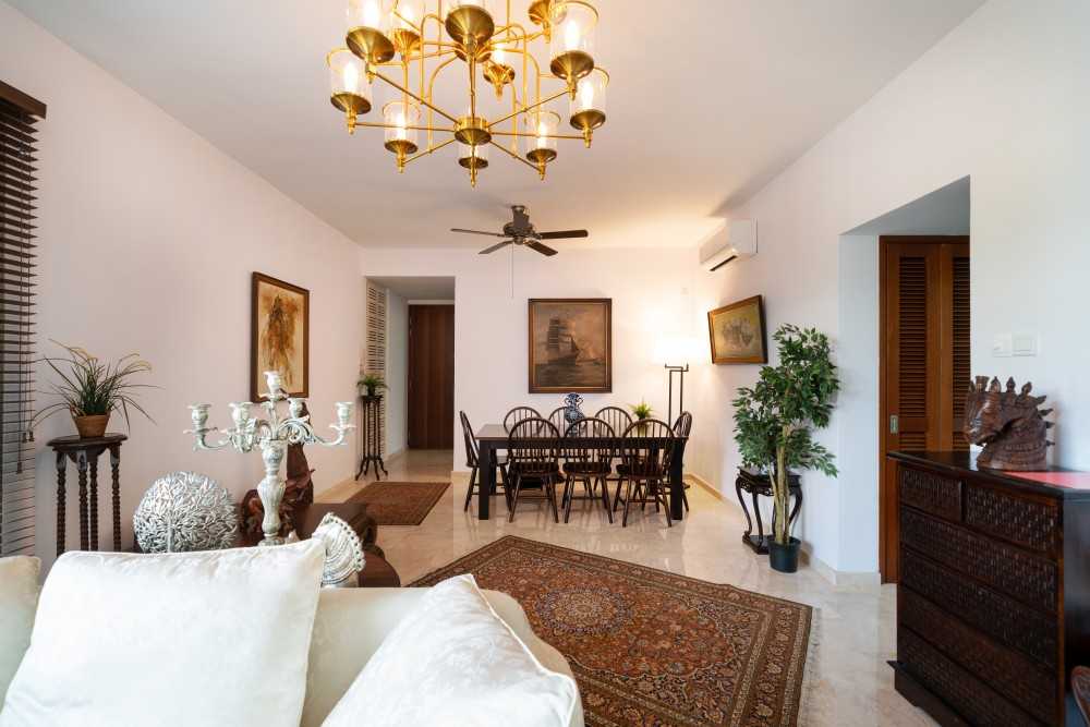 Asian Dining Room with Feature Wall and Ceiling Fan
