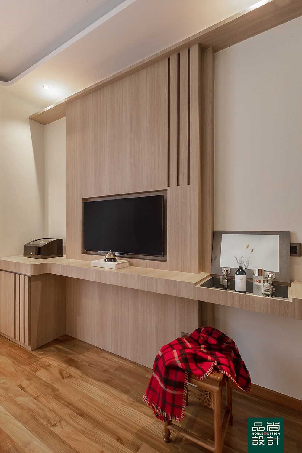 Asian Bedroom with TV Console and Feature Wall