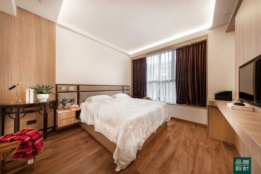 Asian Bedroom with TV Console and Feature Wall