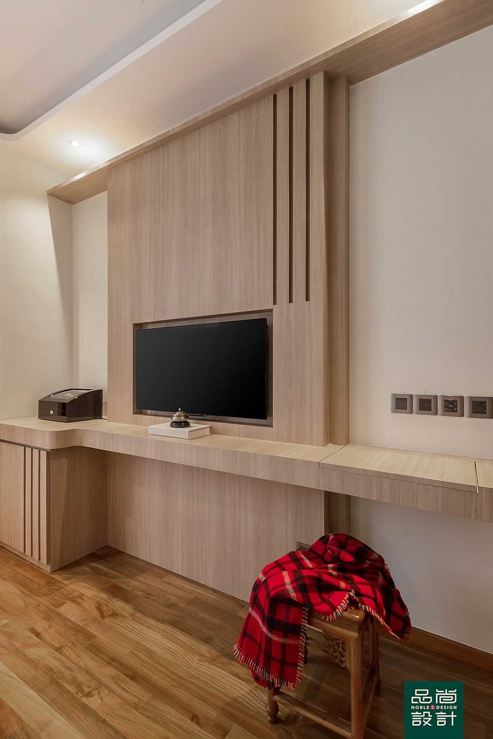 Asian Bedroom with TV Console and Feature Wall