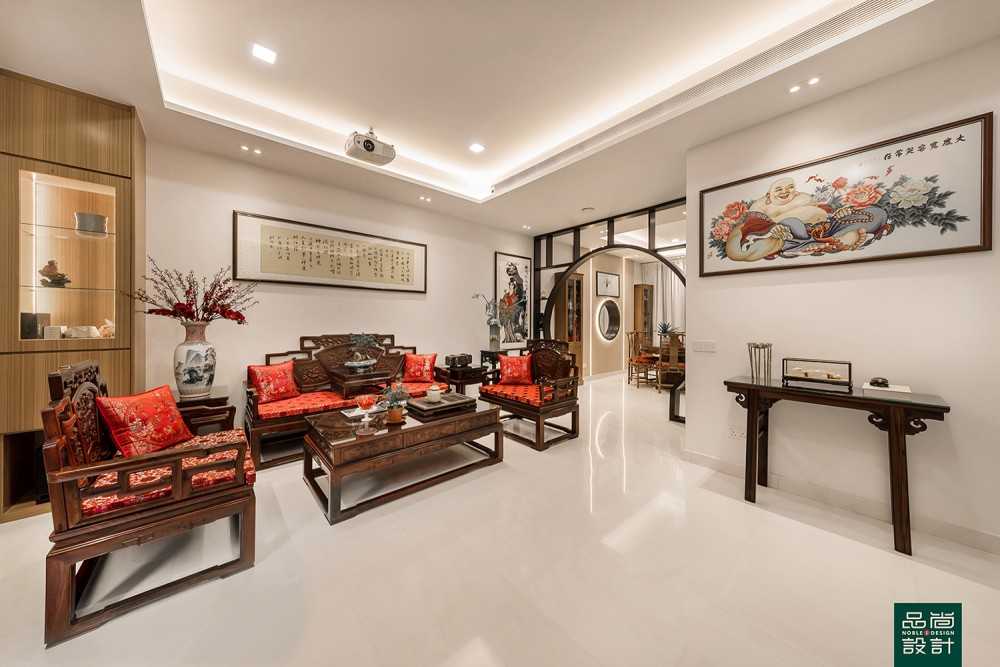Asian Living Room with Marble Floor and Cove Lighting