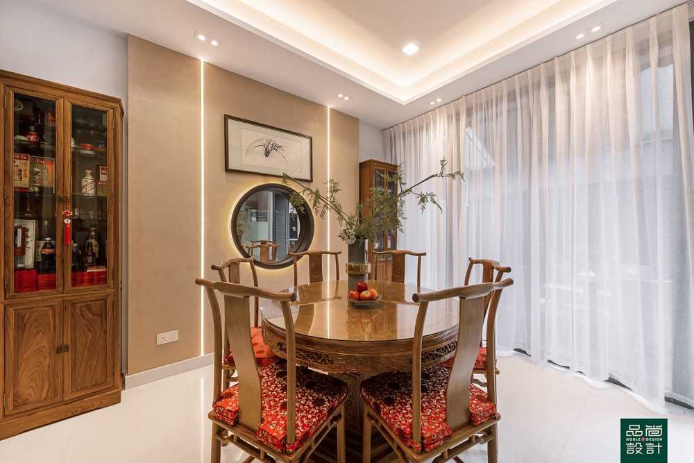 Asian Dining Room with Marble Floor and Feature Wall