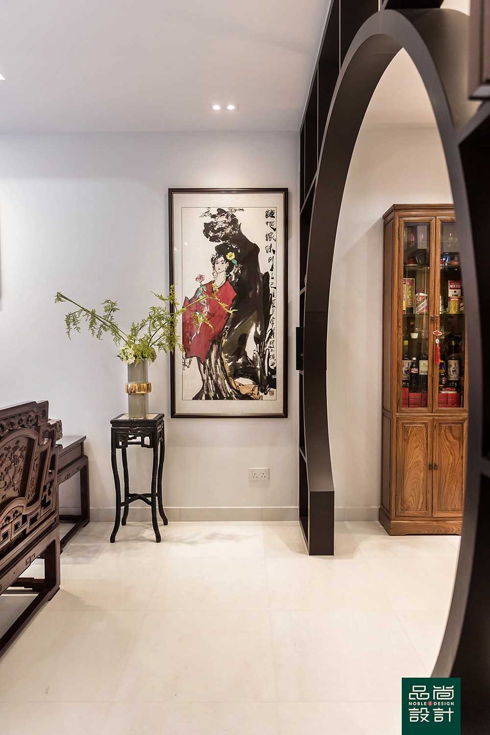 Asian Living Room with Marble Floor and Downlights