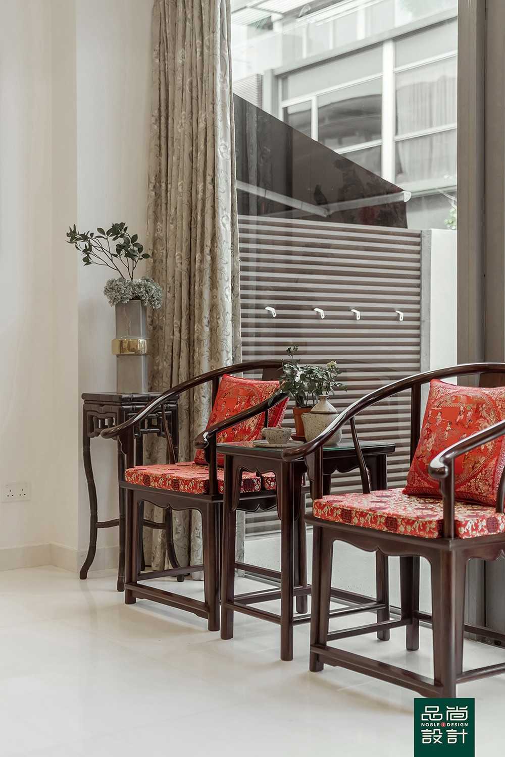 Asian Living Room with Marble Floor and Curtain
