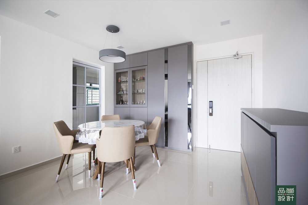 Modern Dining Room with Homogeneous Tiles and Storage Cabinets