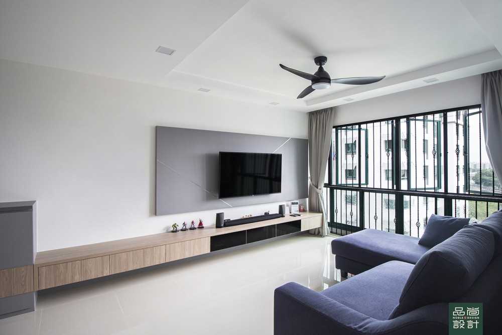 Modern Living Room with Homogeneous Tiles and TV Console