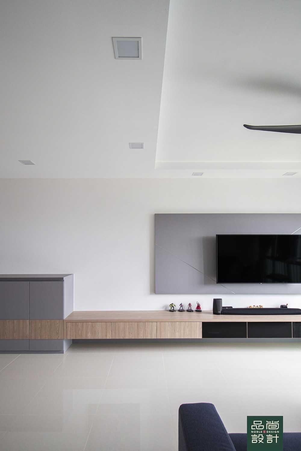 Modern Living Room with Homogeneous Tiles and TV Console