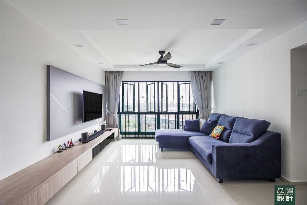 Modern Living Room with Homogeneous Tiles and TV Console