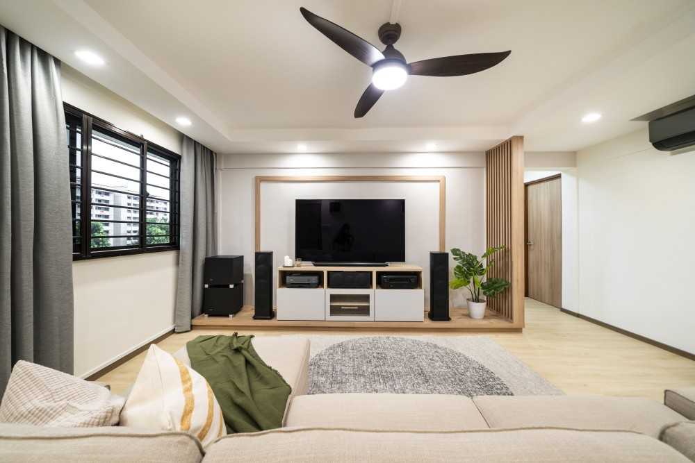 Scandinavian Living Room with TV Console and Feature Wall