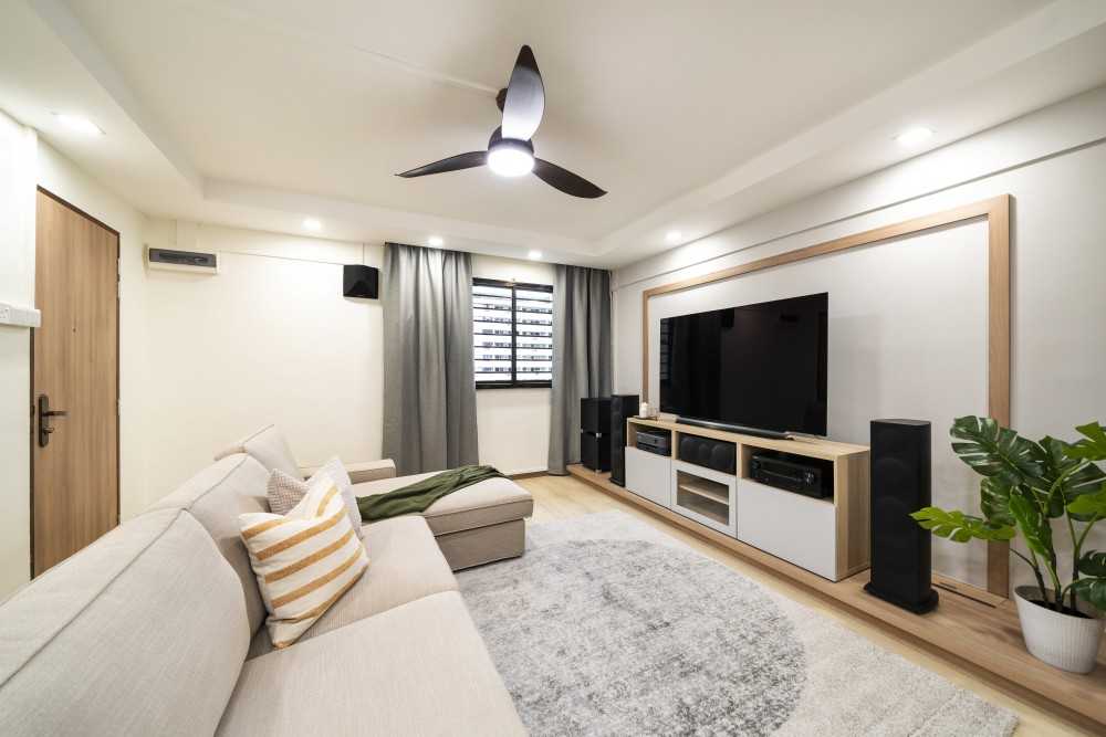 Scandinavian Living Room with Wood Flooring and TV Console