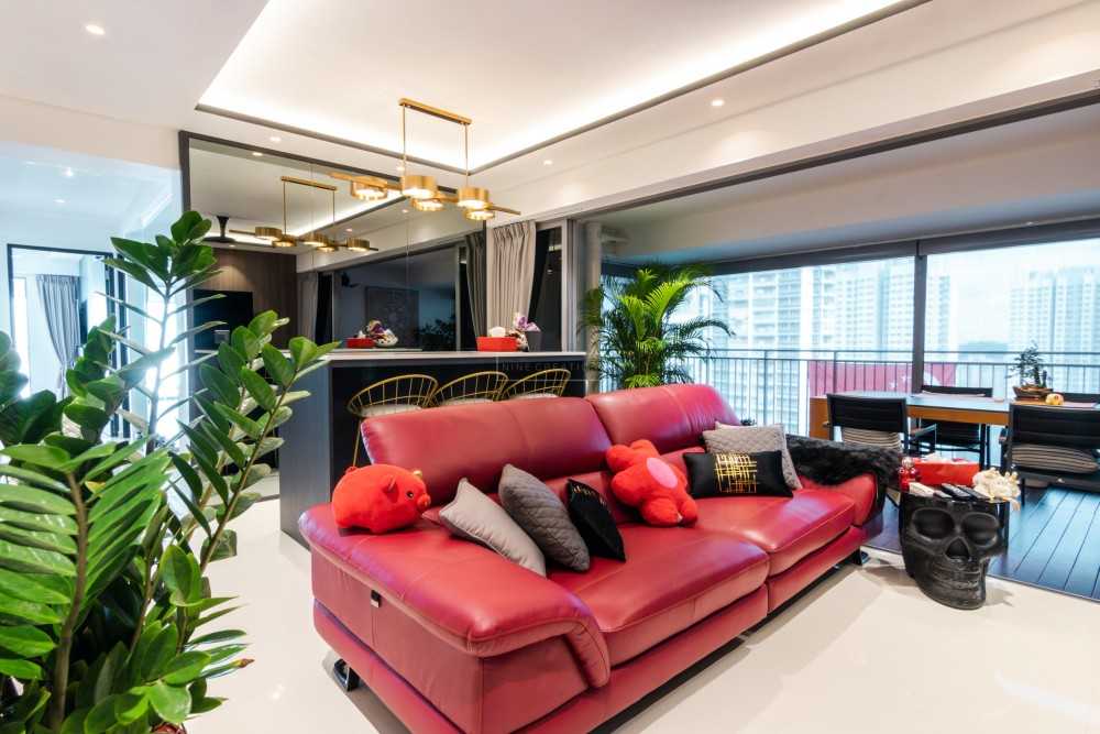 Contemporary Living Room with Feature Wall and Roller Blinds