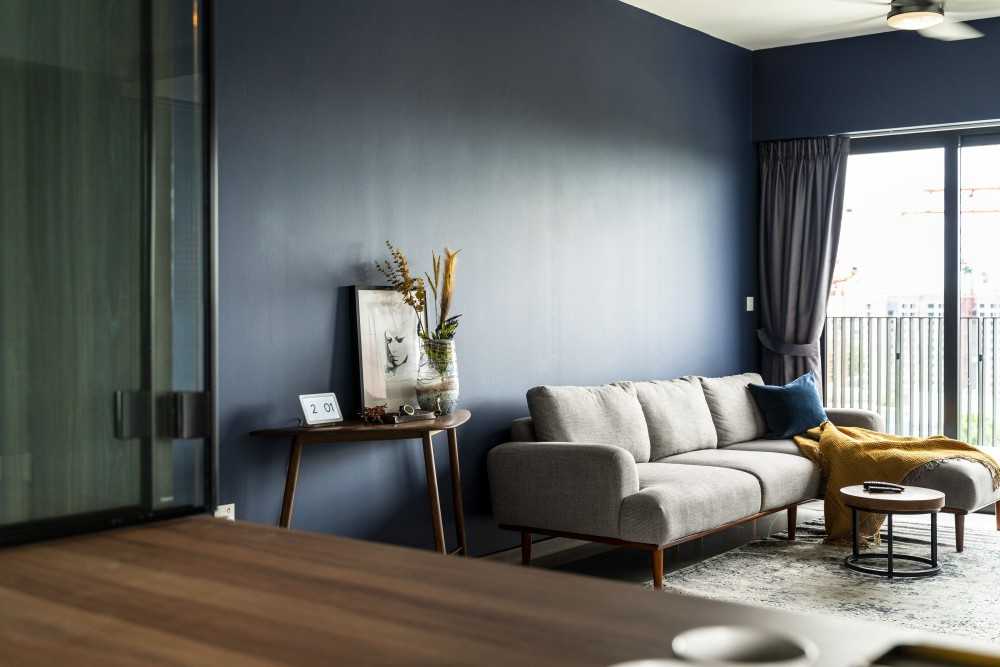 Eclectic Living Room with Granite Floor and Ceiling Light