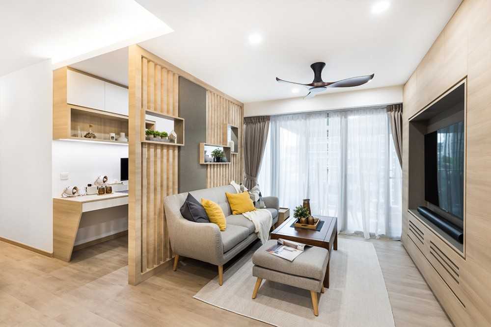 Asian Living Room with Wood Flooring and TV Console