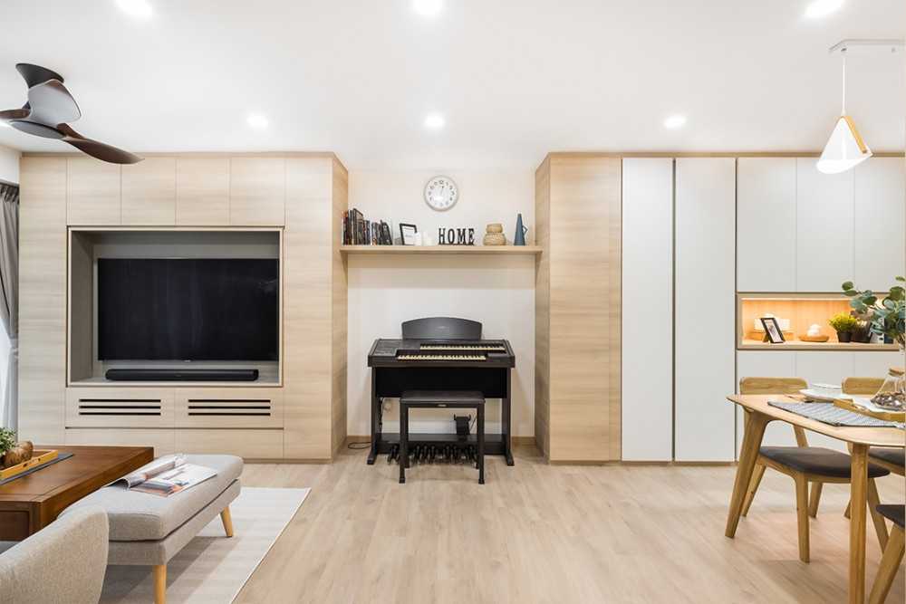 Asian Living Room with TV Console and Display Cabinets