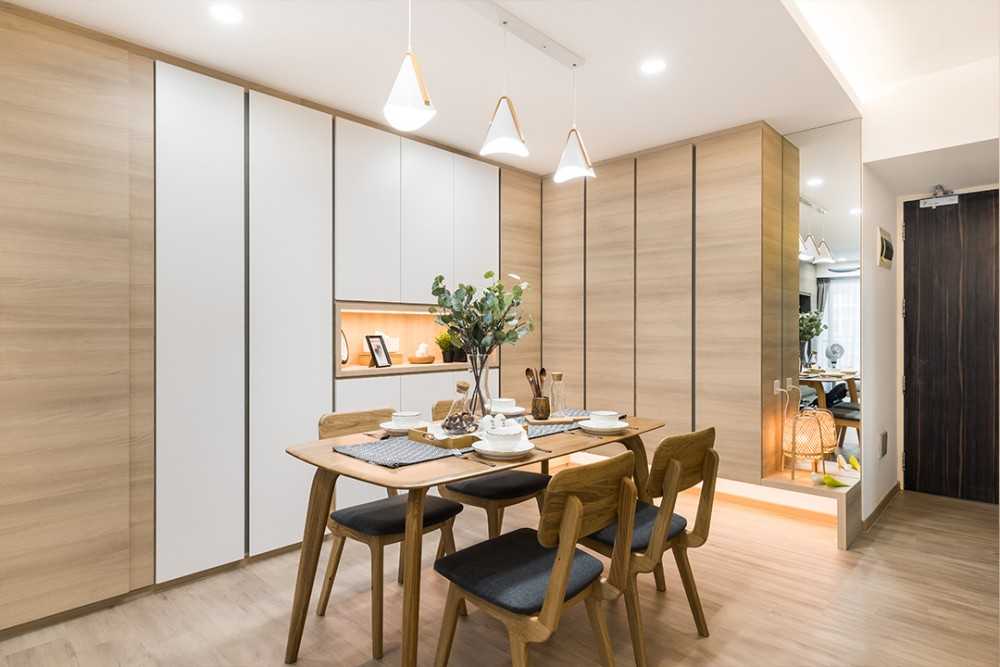 Asian Dining Room with Ceiling Light and Dining Table