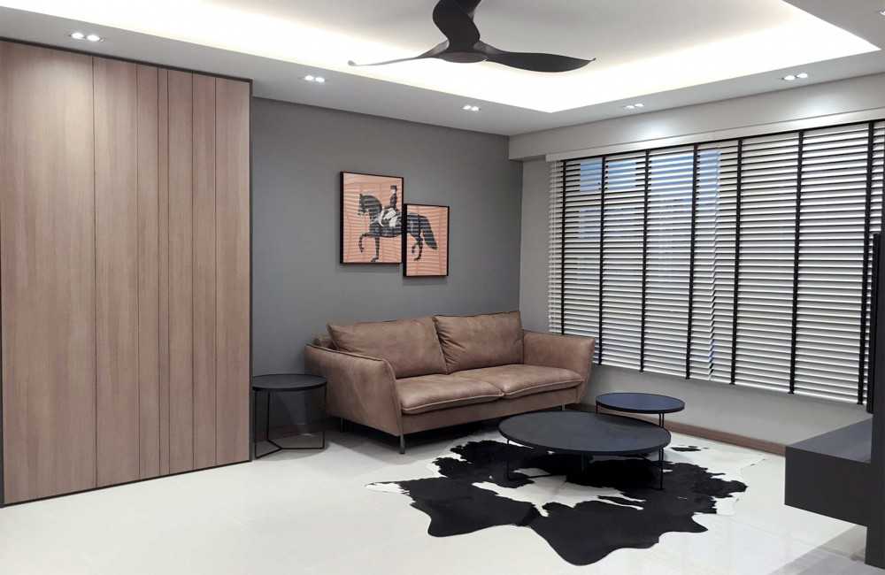 Industrial Living Room with Cove Lighting and Carpet
