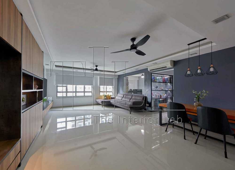 Industrial Living Room with Feature Wall and Ceiling Fan