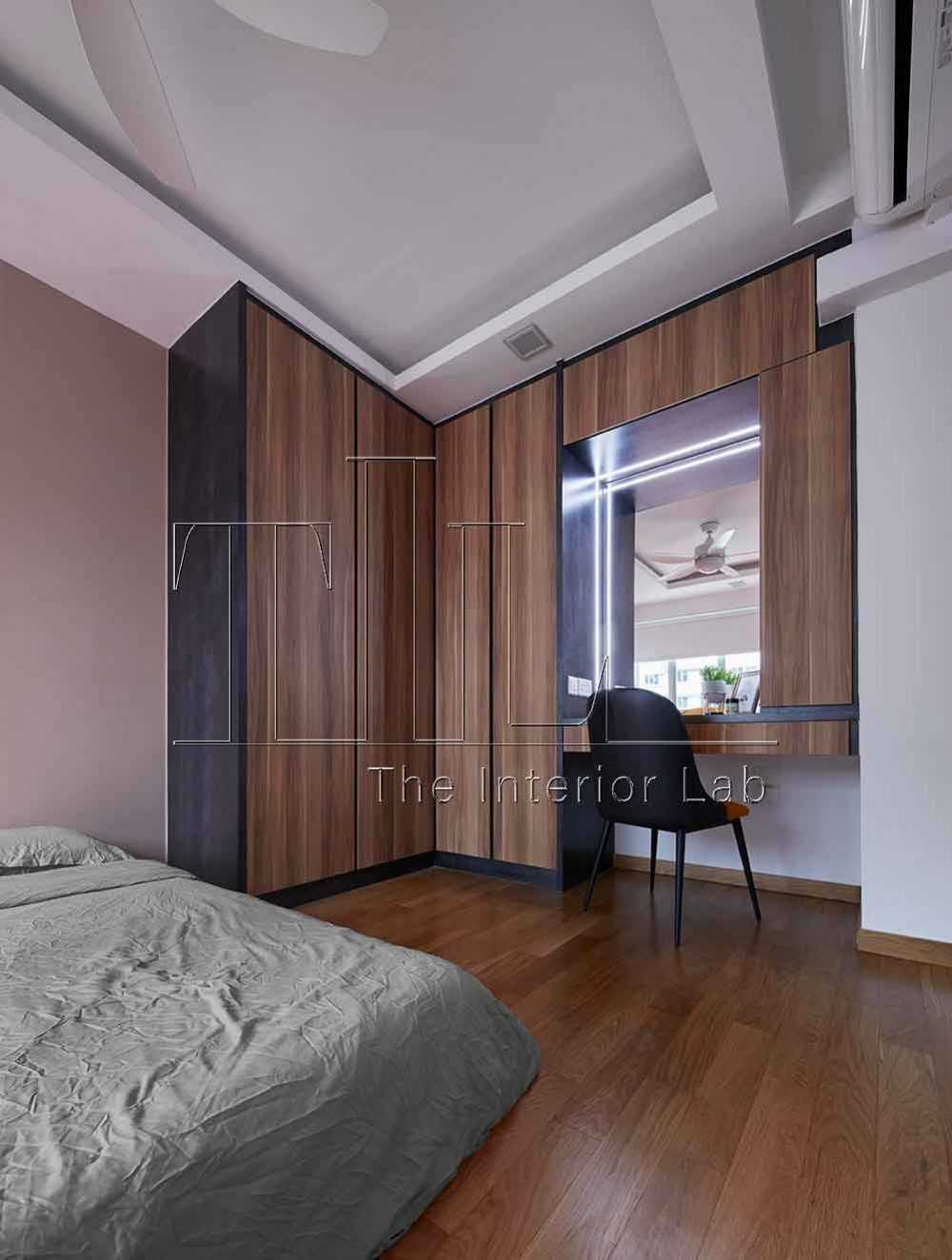 Industrial Bedroom with Parquet Floor and Feature Wall