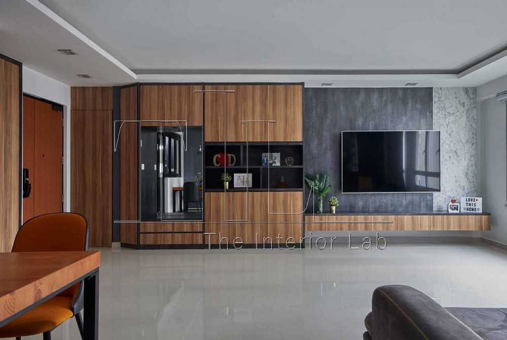Industrial Living Room with TV Console and Feature Wall
