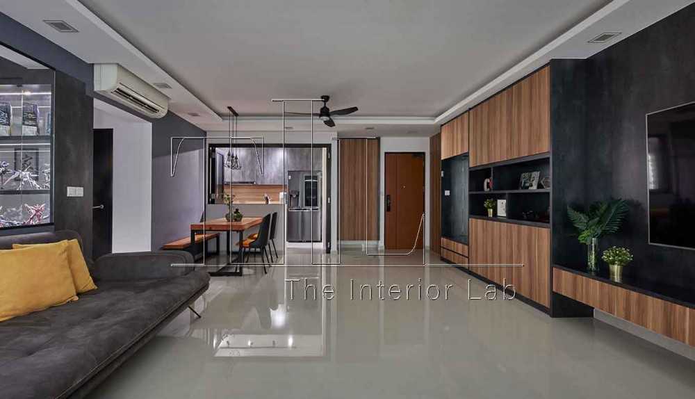 Industrial Living Room with Feature Wall and Open Kitchen