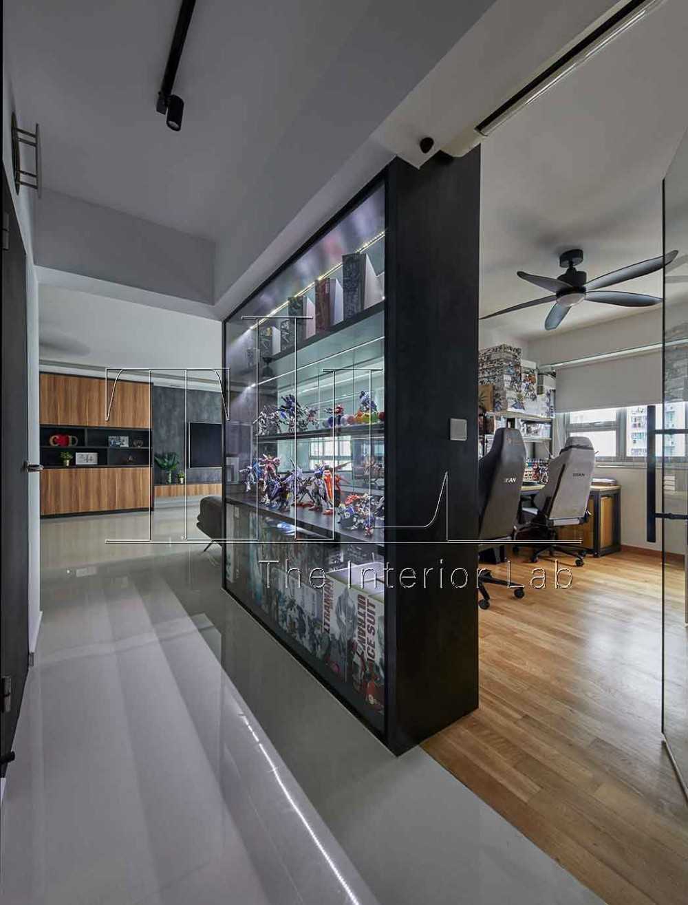 Industrial Hallway with Parquet Floor and TV Console