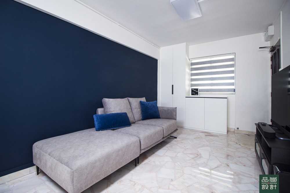 Modern Living Room with Marble Floor and Roller Blinds