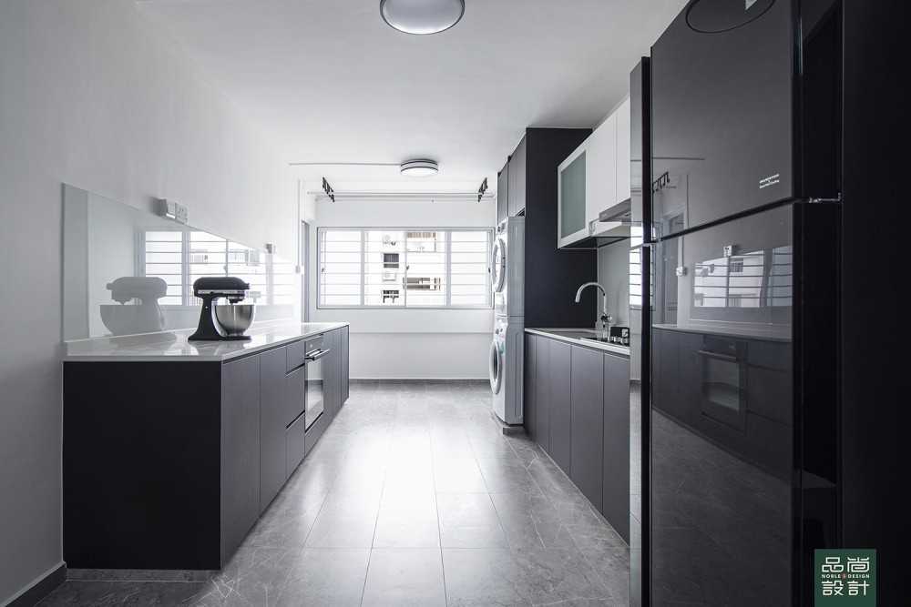 Modern Kitchen with Homogeneous Tiles and Ceiling Light