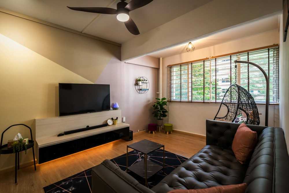Contemporary Living Room with TV Console and Feature Wall
