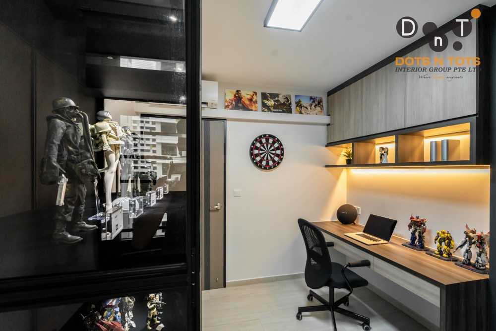 Contemporary Home Office with Bookshelf and Desk Chairs
