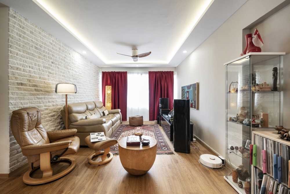Modern Living Room with Bookshelf and Vinyl Flooring