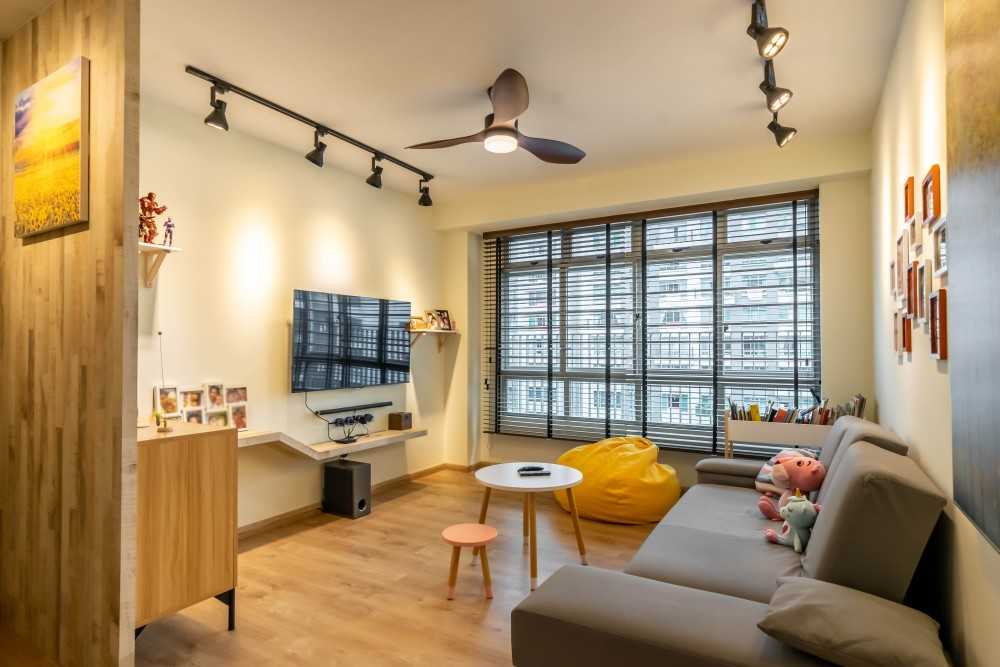 Scandinavian Living Room with TV Console and Feature Wall