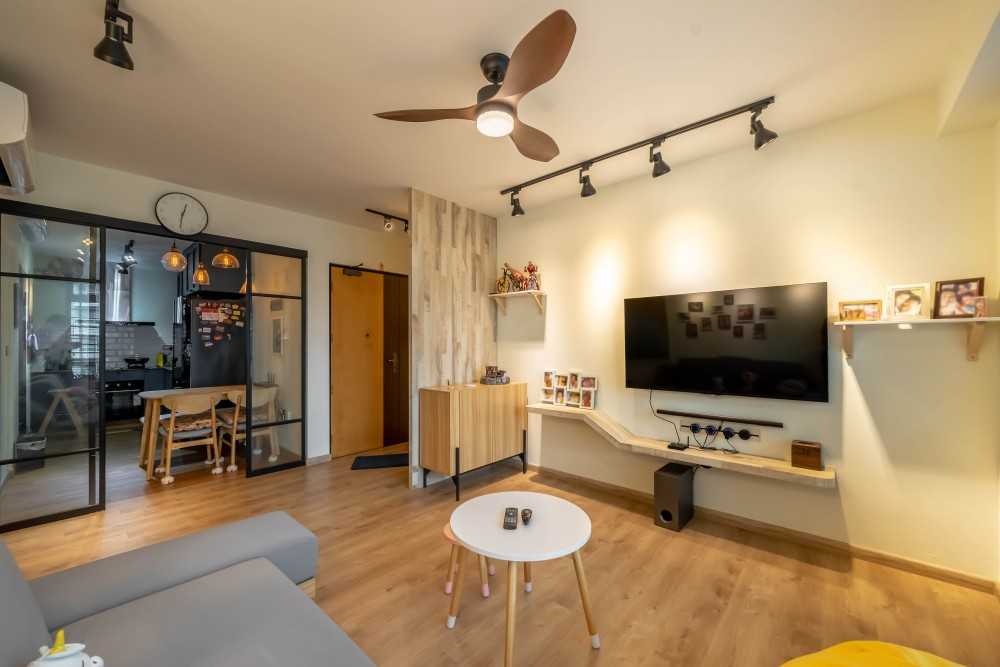 Scandinavian Living Room with Vinyl Flooring and TV Console