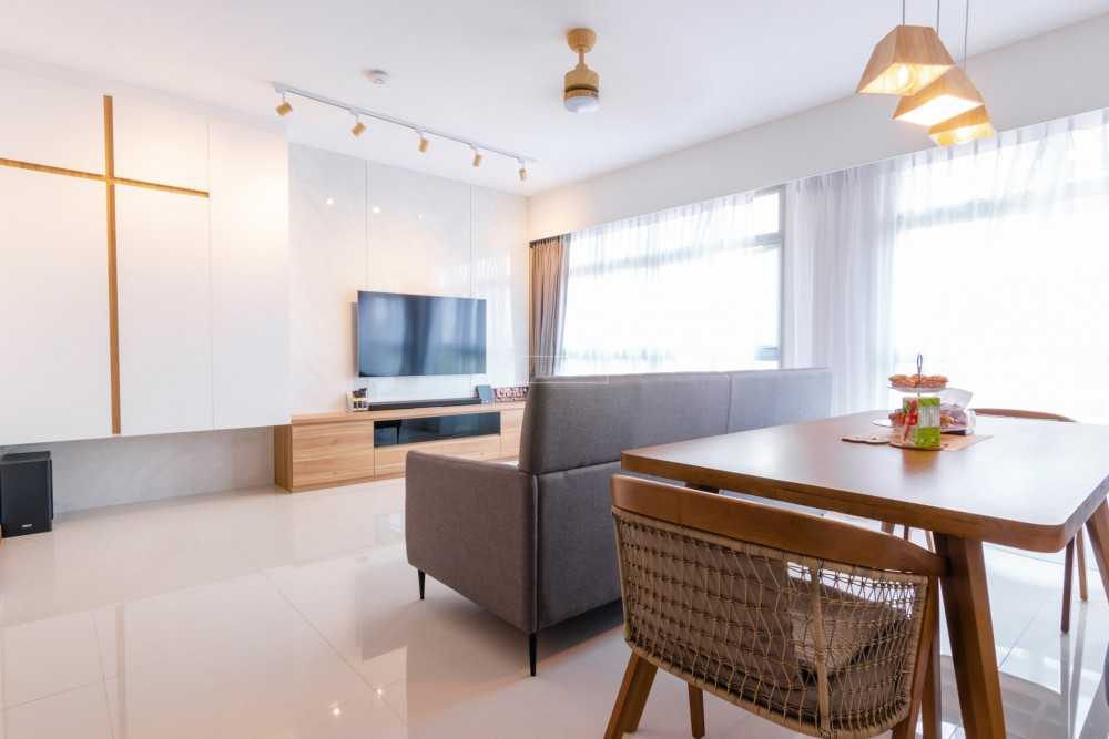 Scandinavian Living Room with TV Console and Feature Wall