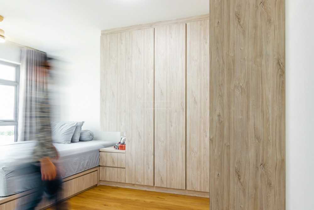Scandinavian Bedroom with Platform Bed and Wood Flooring