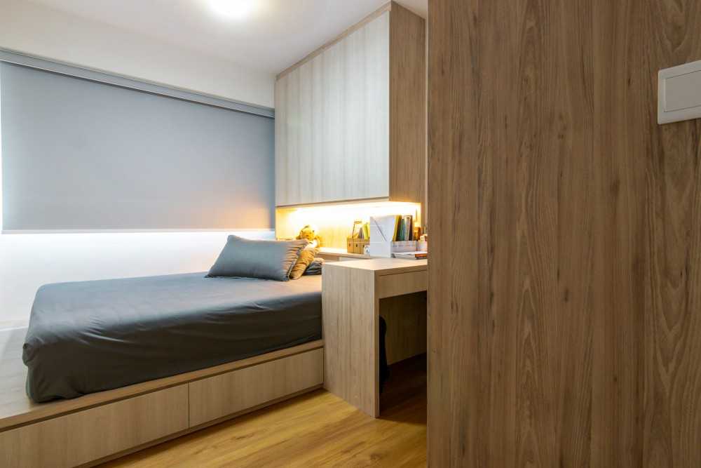 Scandinavian Bedroom with Bookshelf and Vinyl Flooring