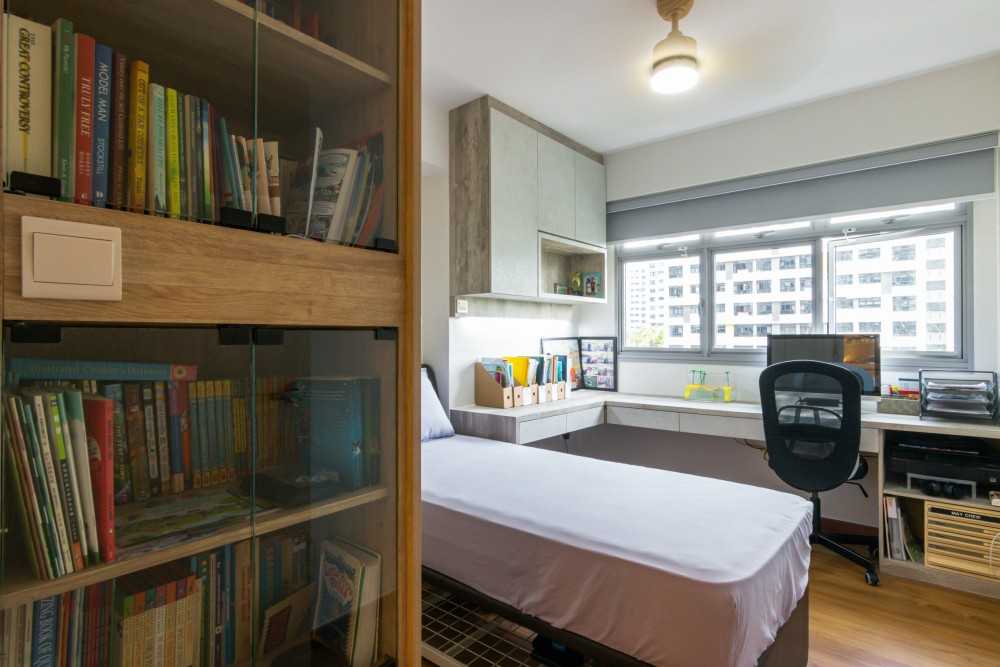 Scandinavian Bedroom with Bookshelf and Vinyl Flooring