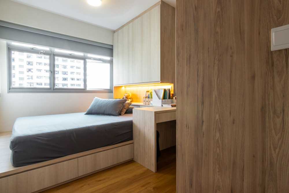Scandinavian Bedroom with Bookshelf and Platform Bed