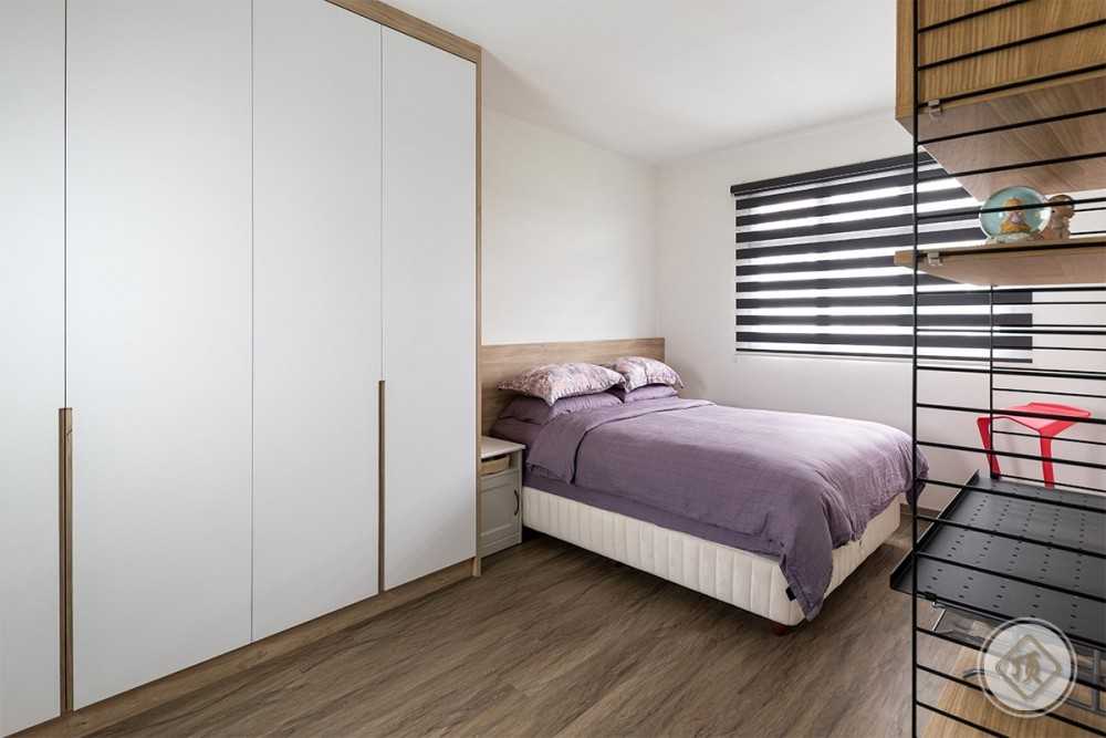 Scandinavian Bedroom with Wood Flooring and Wardrobe