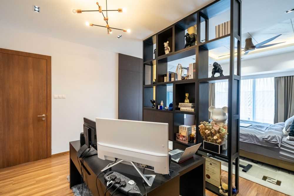 Modern Bedroom with Wood Flooring and Ceiling Light