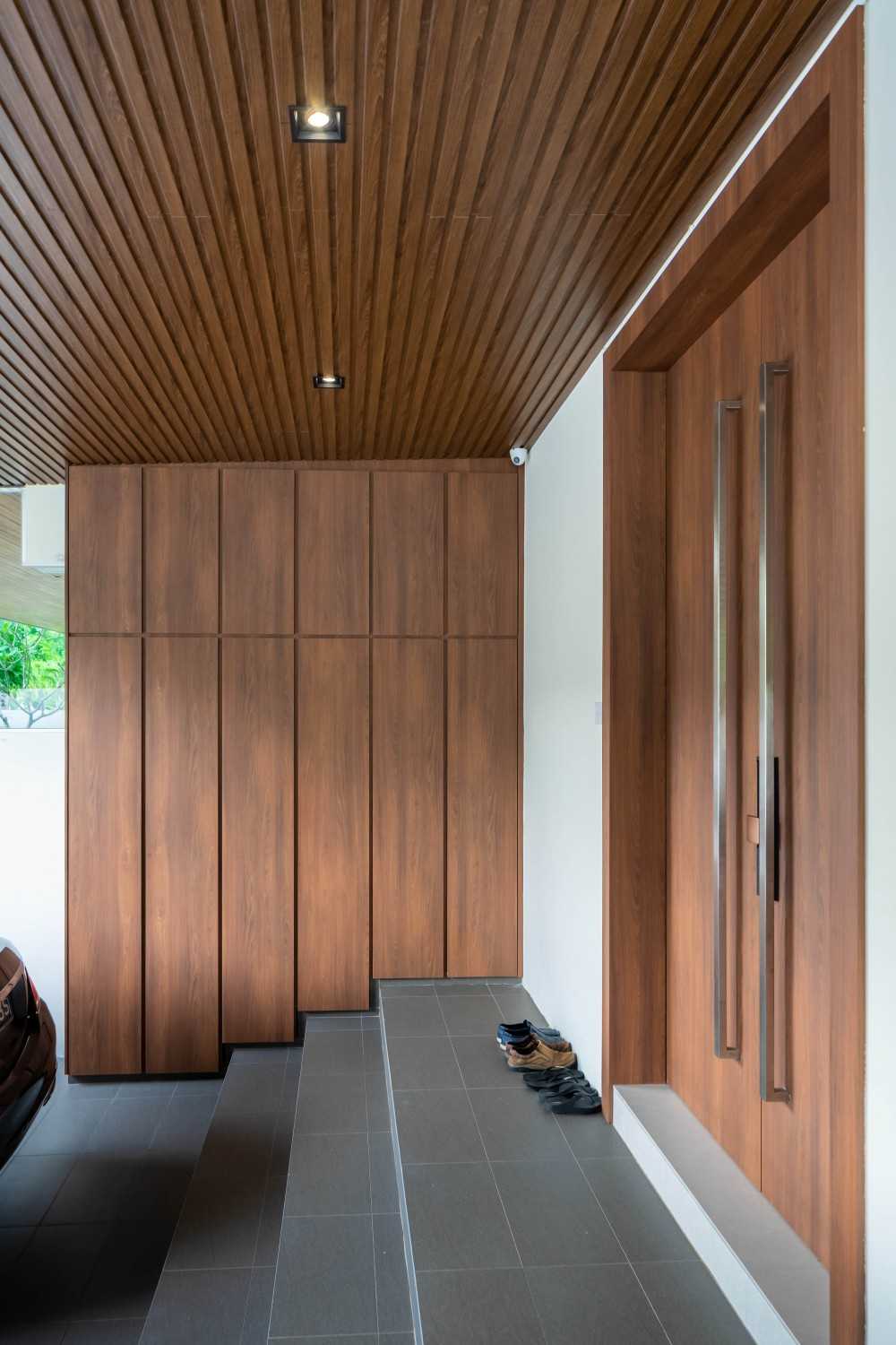 Modern Porch with Window Seat and Shoe Rack